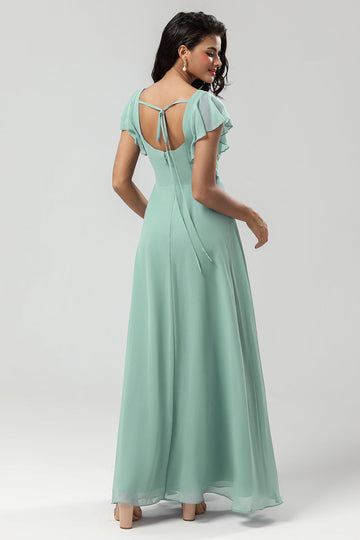 Matcha A-Line Square Neck Chiffon Long Bridesmaid Dress with Ruffles